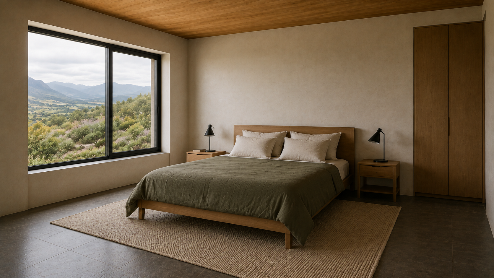 Olive-covered timber bed with four pale pillows, two bedside tables and a broad dark-framed window.