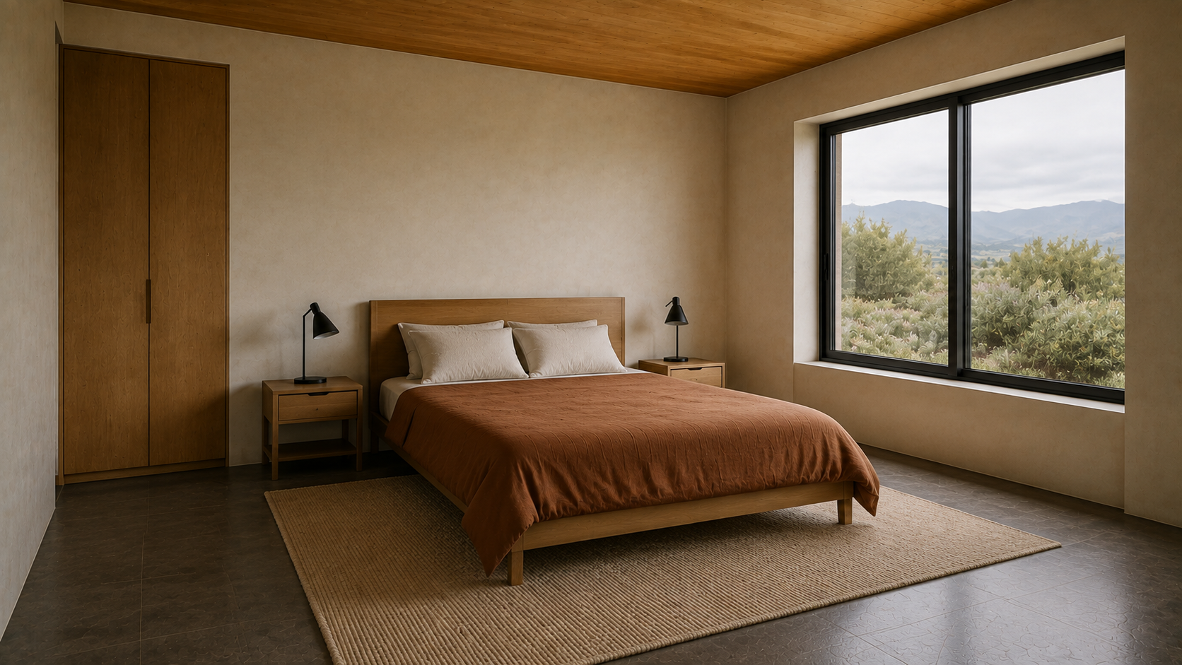 Clay-covered guest bed with four pale pillows, paired bedside tables and a right-hand window.