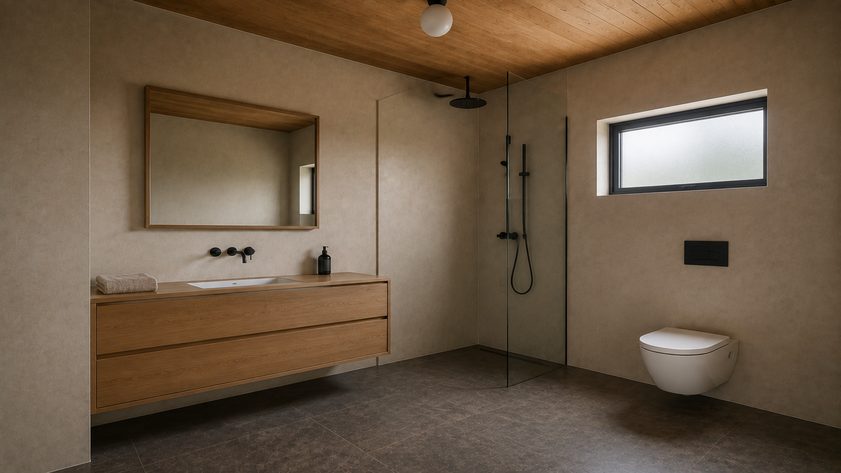 Floating timber vanity, white basin and straight glass shower with a high privacy window.