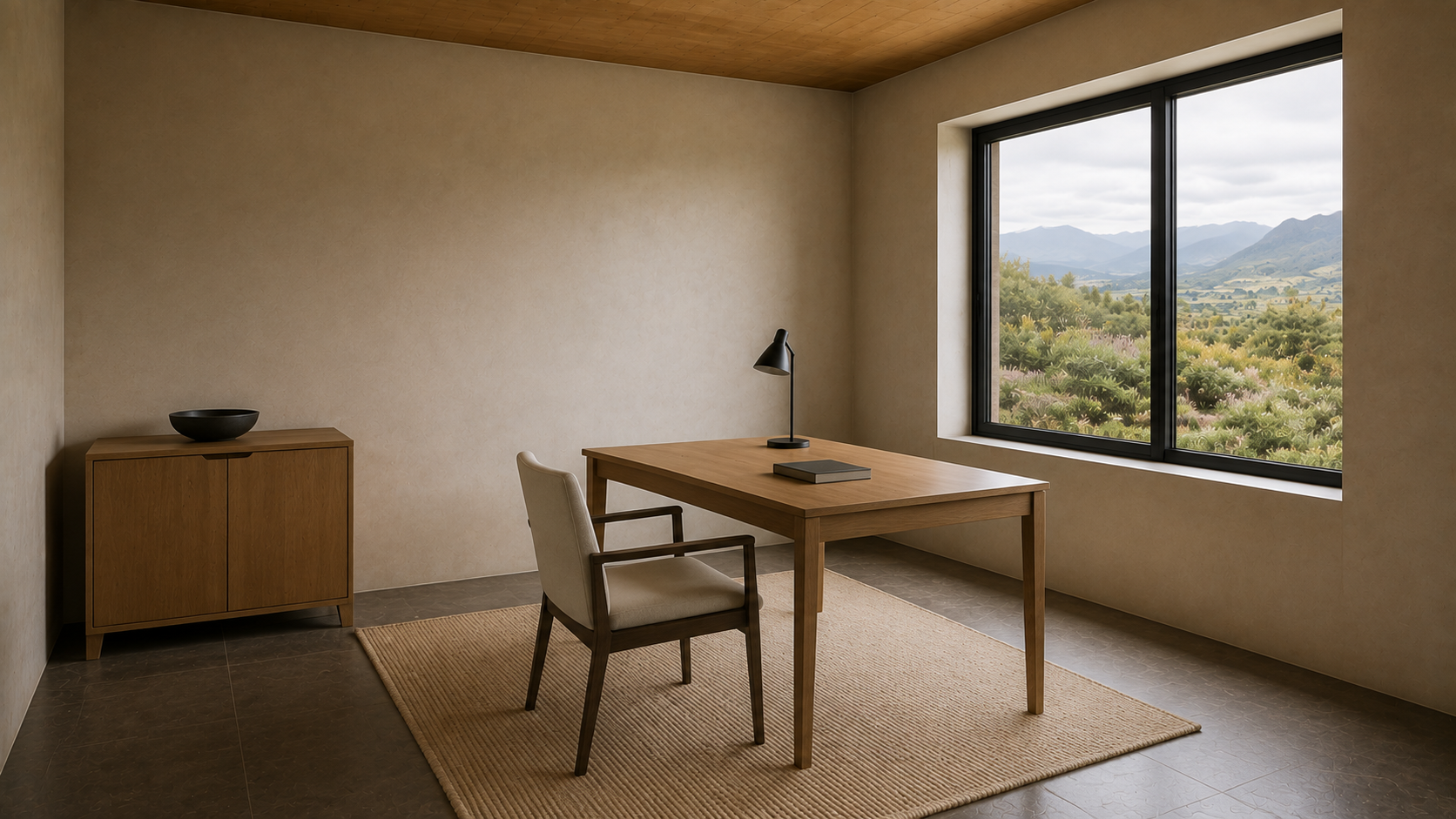Freestanding timber desk and cream chair beside a window, with a low two-door cabinet.