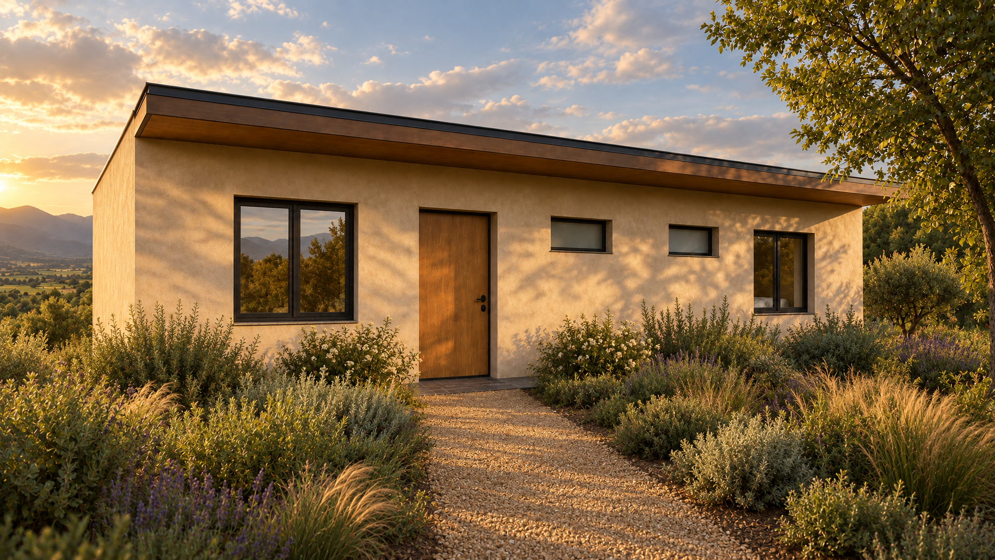 Single-level arrival facade in low golden sun, with five openings, a timber front door and a low timber-lined roof overhang above a gravel path through lavender and grasses, with a valley and mountains beyond.