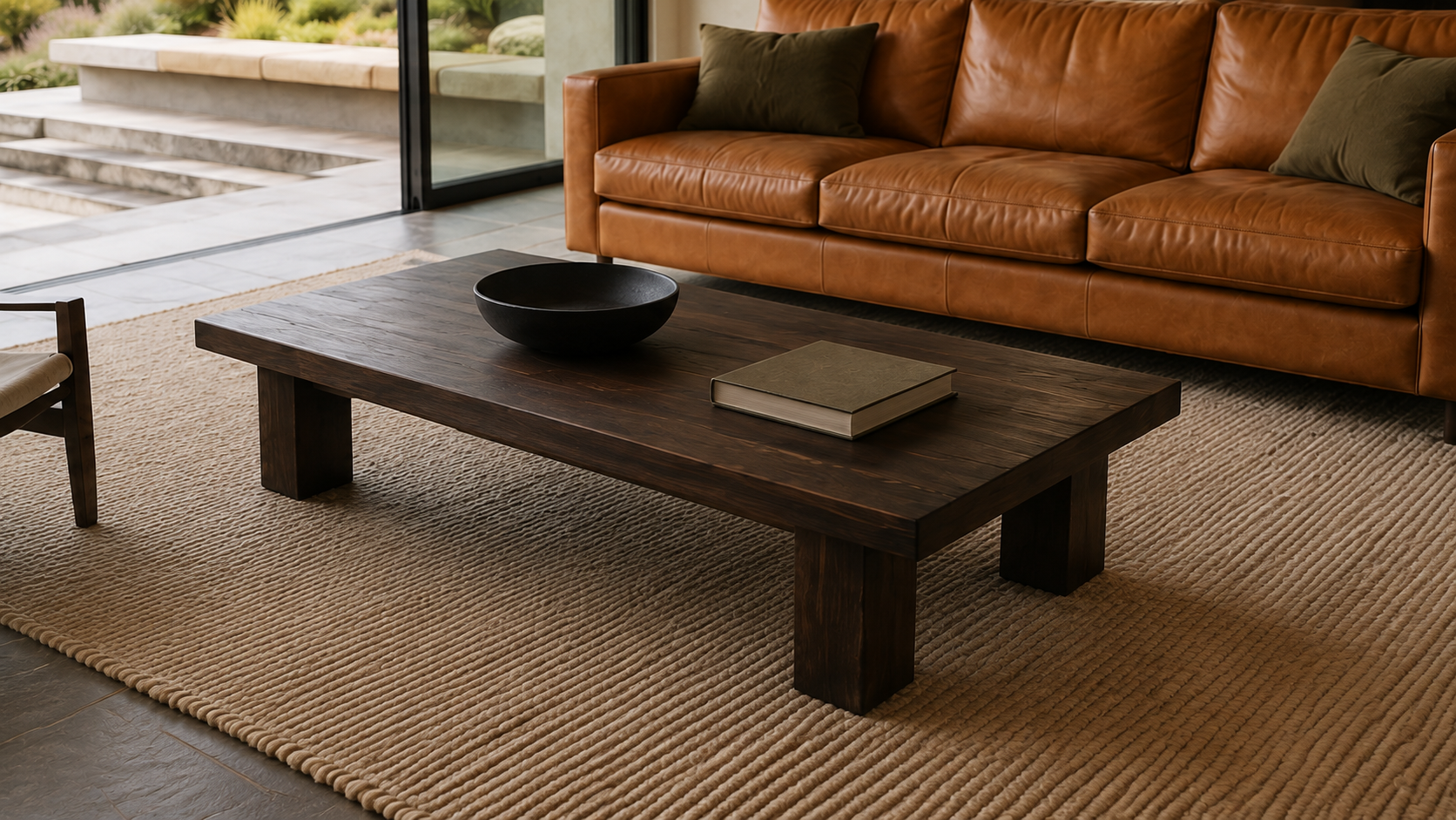 Contained dark timber coffee table with one black bowl and closed book, in front of a caramel sofa on a pale woven rug.