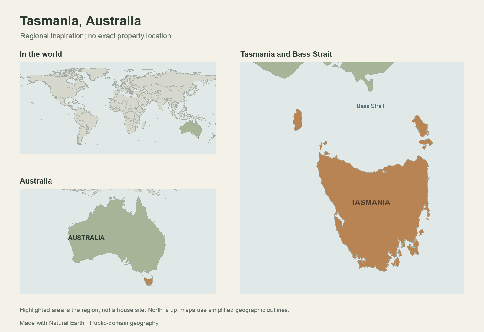 World and Australia maps with Australia highlighted, and a closer Tasmania and Bass Strait map highlighting the regional islands; no property pin.