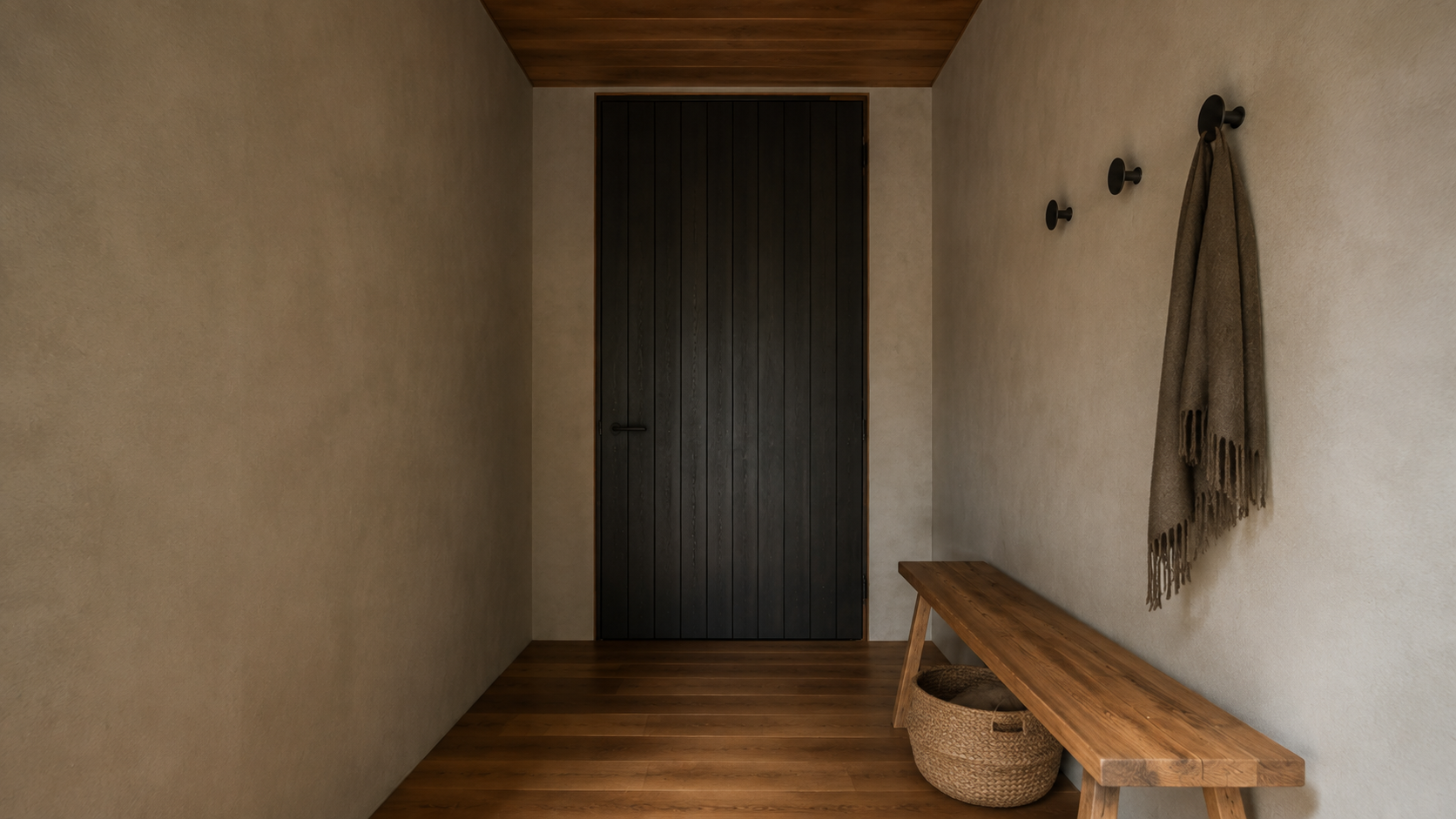 AI-generated Concept entry with one closed charcoal door, timber bench, woven basket, three dark hooks and one fringed scarf.