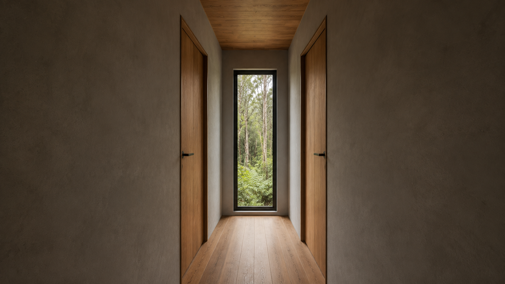 AI-generated Concept passage with two opposing closed timber bedroom doors and one narrow forest-facing window at the far end.