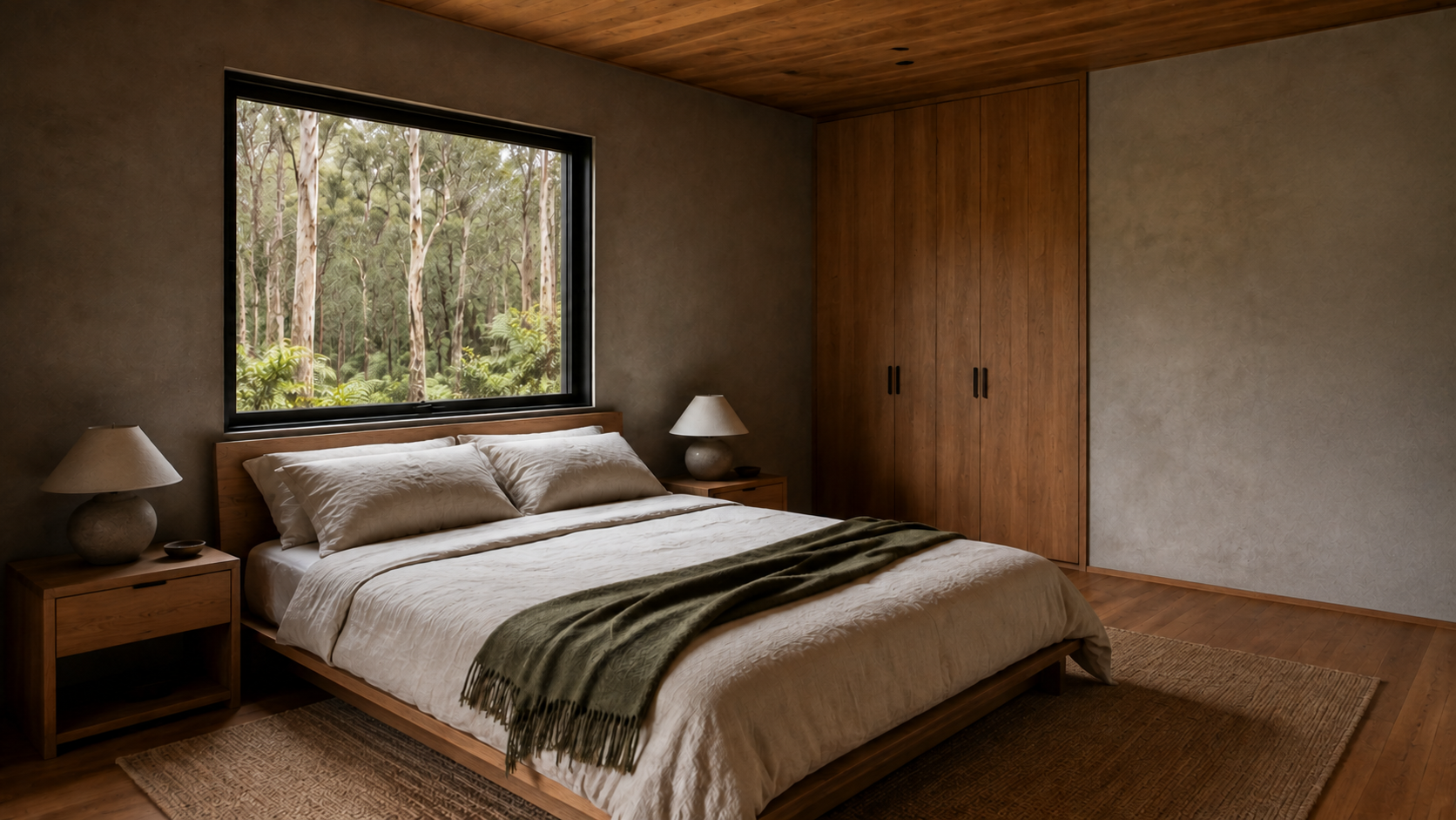 AI-generated Concept main bedroom with a timber bed, four ivory pillows, moss throw, paired tables, lamps and small dishes, broad window, rug and four-leaf wardrobe.