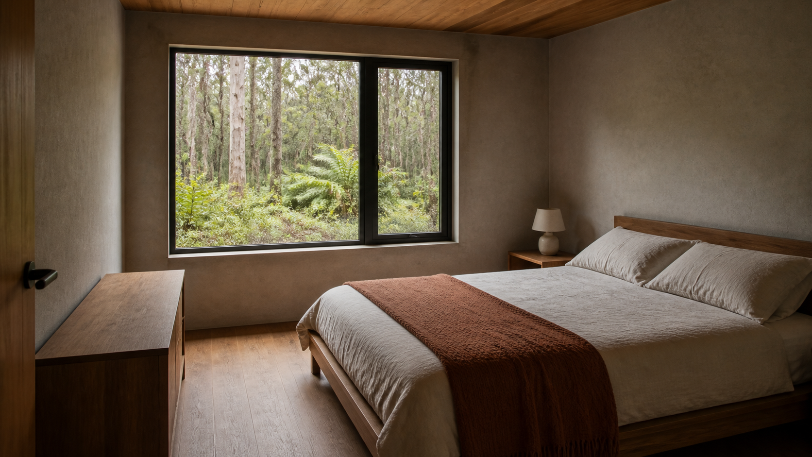 AI-generated Concept guest bedroom with two pillows, rust bed cover, one table and lamp, low cabinet, broad two-part forest window and cropped near entry leaf.