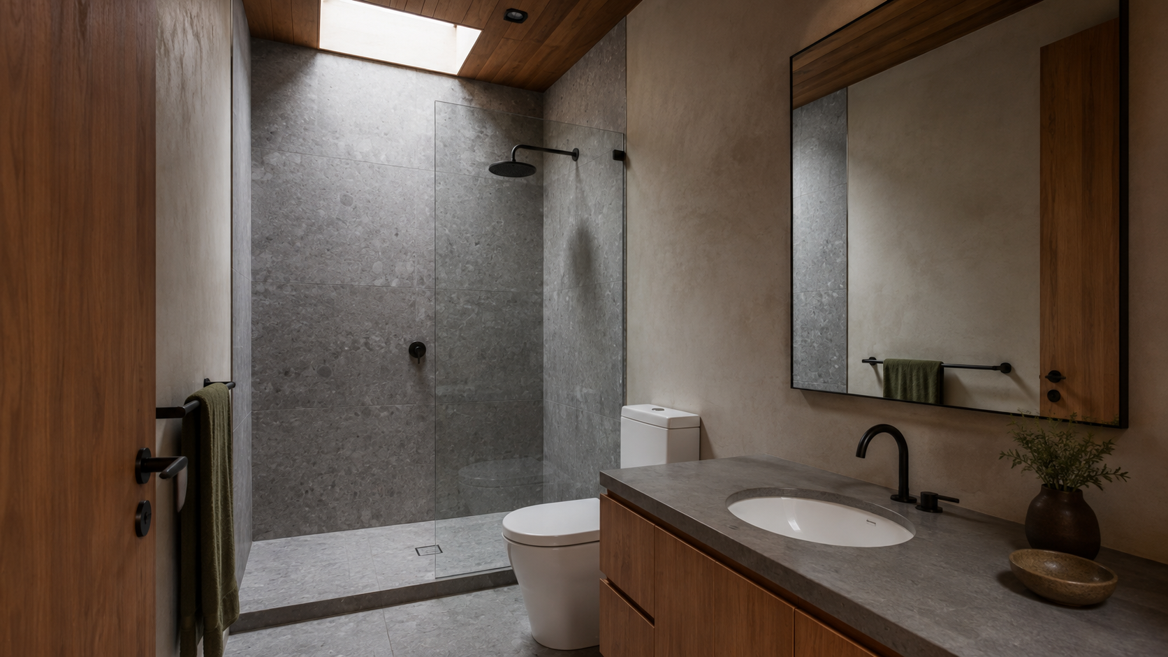 AI-generated Concept shared bathroom with one rooflight, white inset basin, timber vanity, mirror, one closed-seat WC, clear shower screen, towel and small counter accessories.