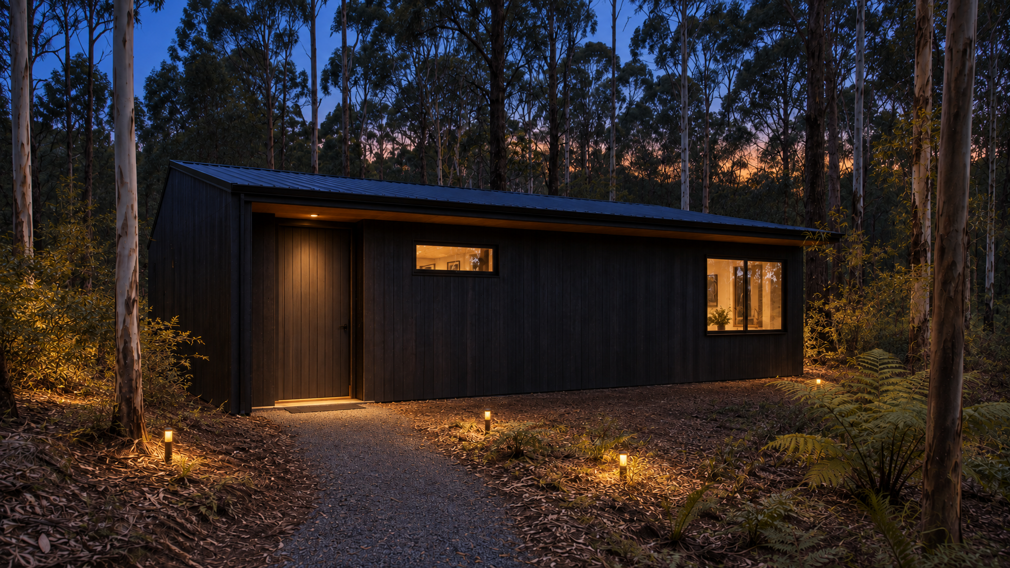 AI-generated Concept dark timber arrival facade at dusk with one door beneath a lit soffit, a lit high utility window and broad guest window, and path lights along the approach through eucalypt forest.