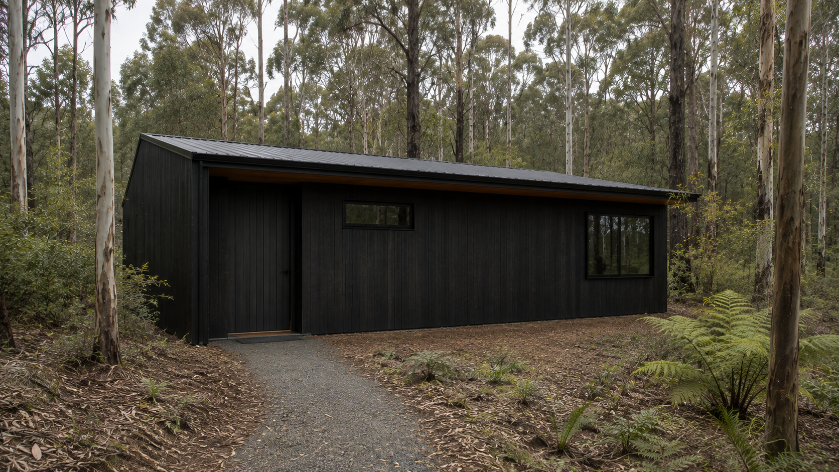 AI-generated Concept complete single-level dark timber arrival facade with one door, high utility window, broad guest window, low roof and a narrow approach through forest.