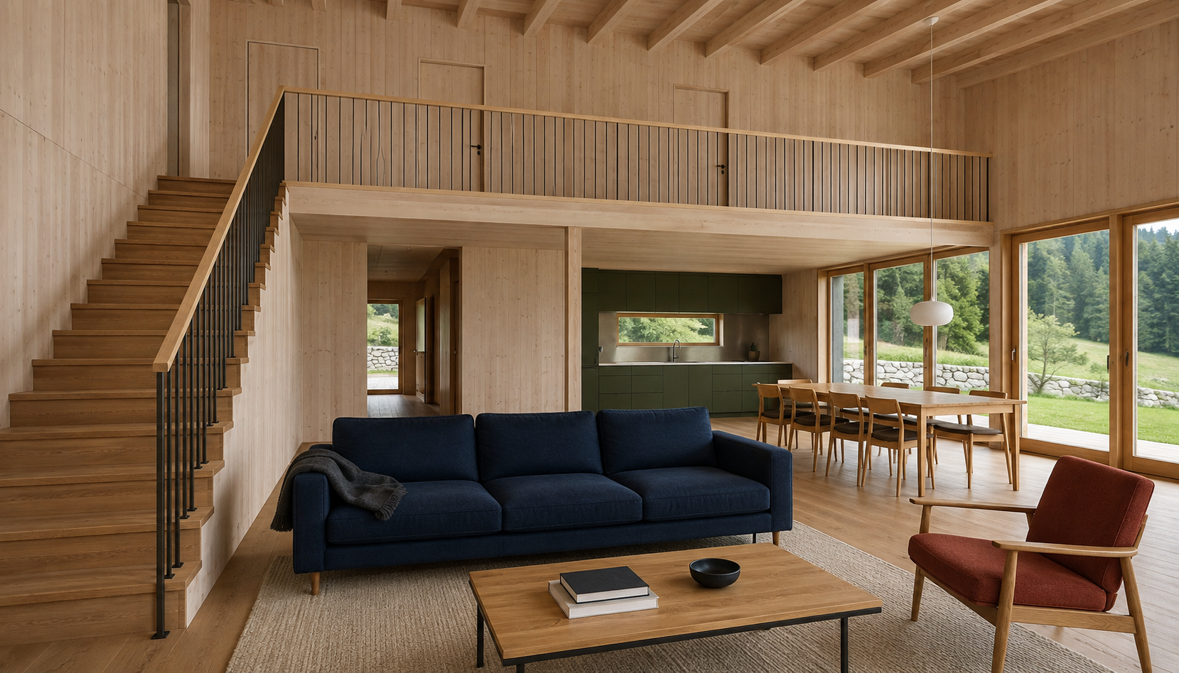 The living room, stair and upper gallery share a pale timber interior with a navy sofa and rust chair.