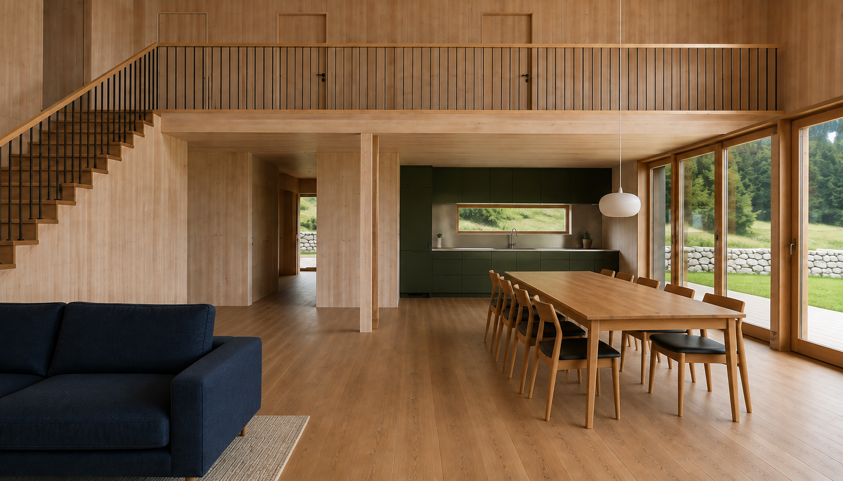 Eight dining chairs around a timber table beside a forest-green kitchen beneath the open roof.