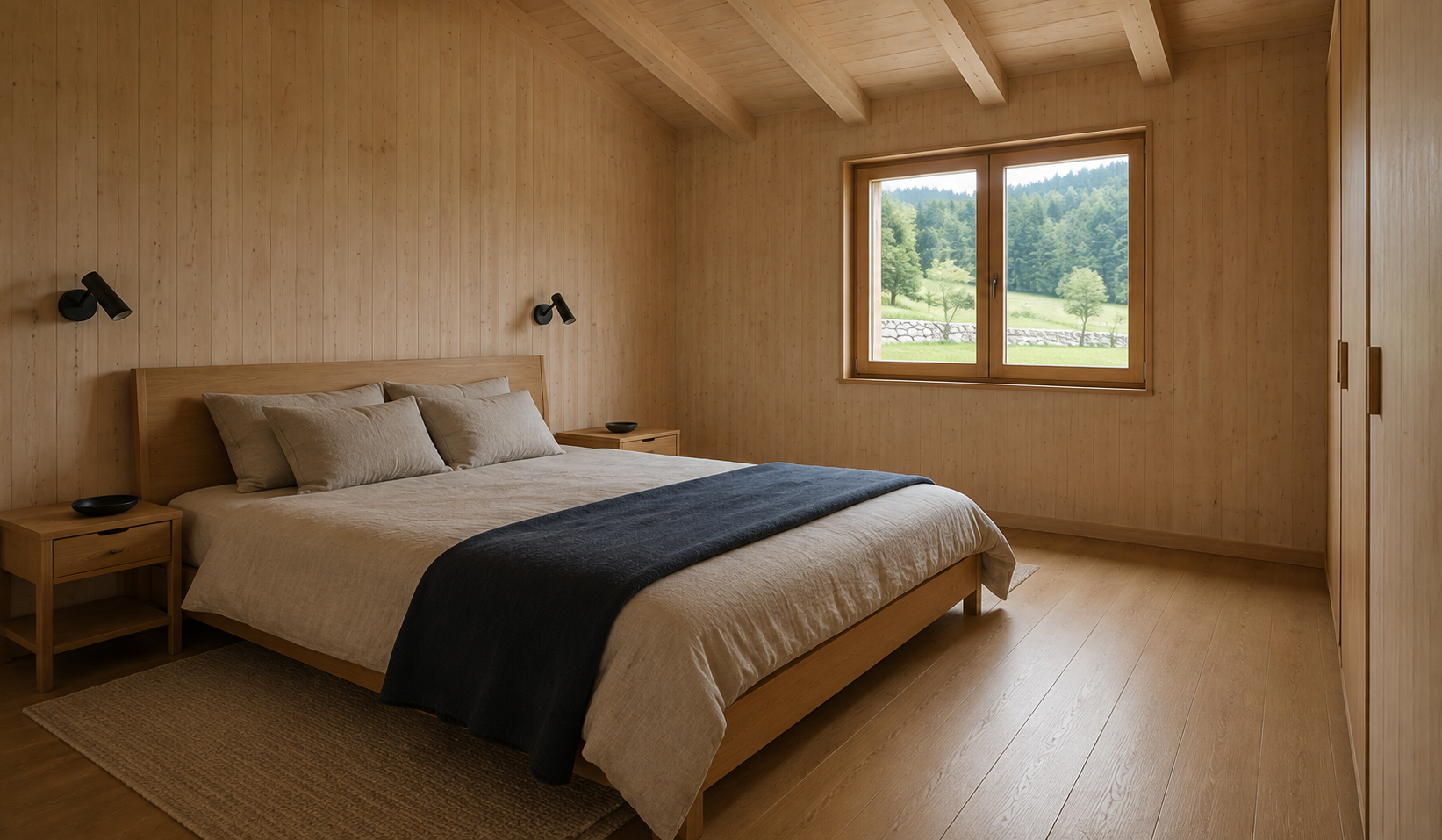 Main bedroom with four pillows, navy cover, two bedside tables and dark reading lights beside a divided window.