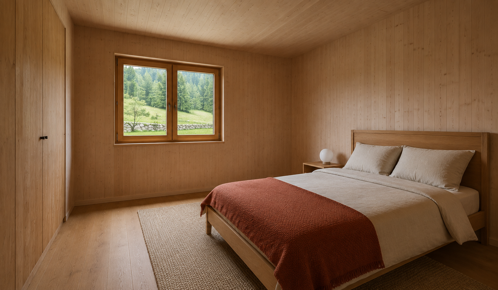 Guest bedroom with two pillows, rust cover, one timber bedside table and a pale reading lamp.