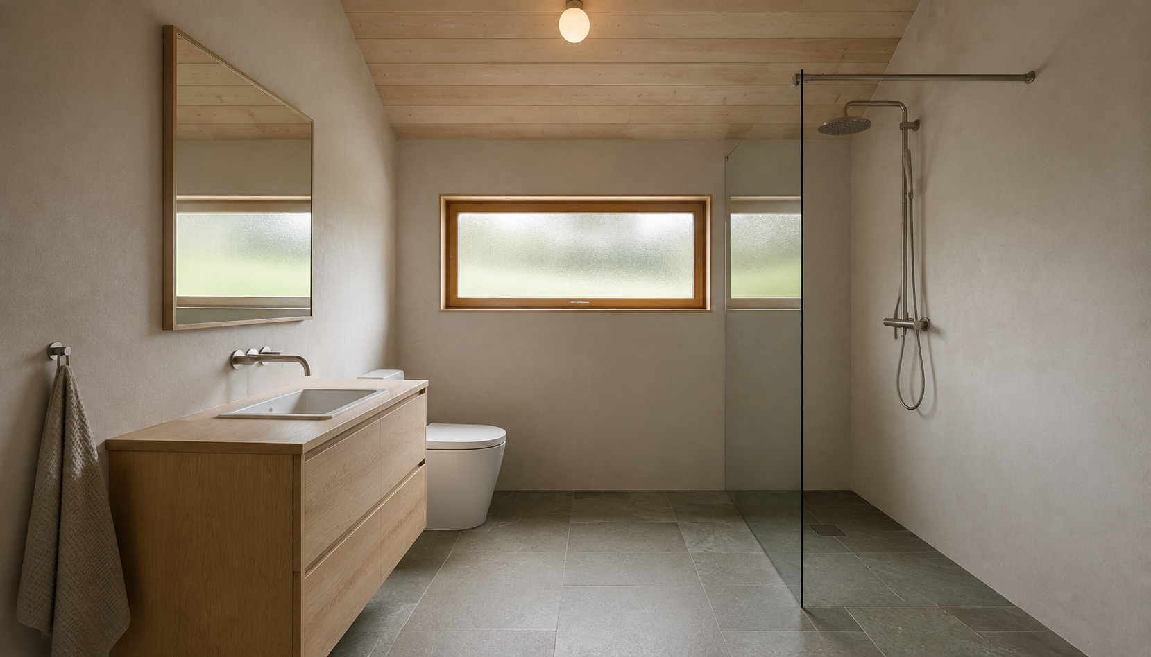 Upper bathroom with an inset white basin, oak drawers, clear shower screen, WC and one high privacy window.
