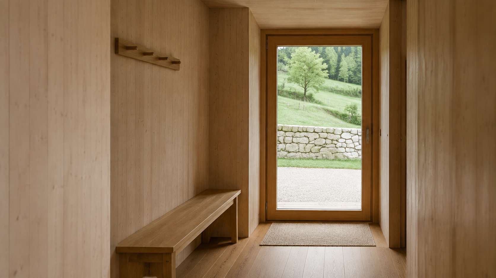 Timber entrance with a closed glazed door, simple bench, four empty pegs and woven mat.