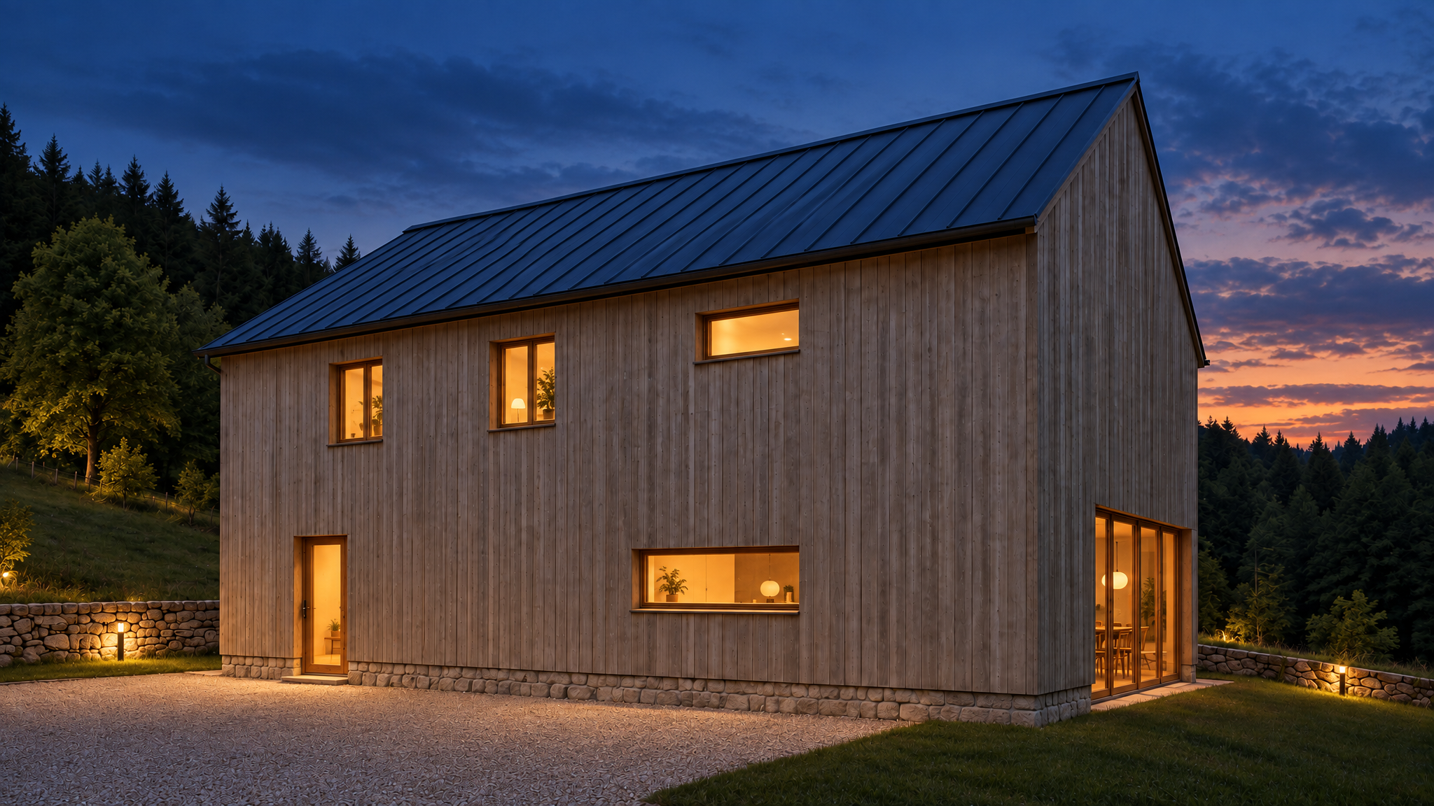 Two-level timber house at dusk beneath its dark standing-seam gable, with a lit glazed entrance, glowing windows and corner dining glazing above a stone plinth.