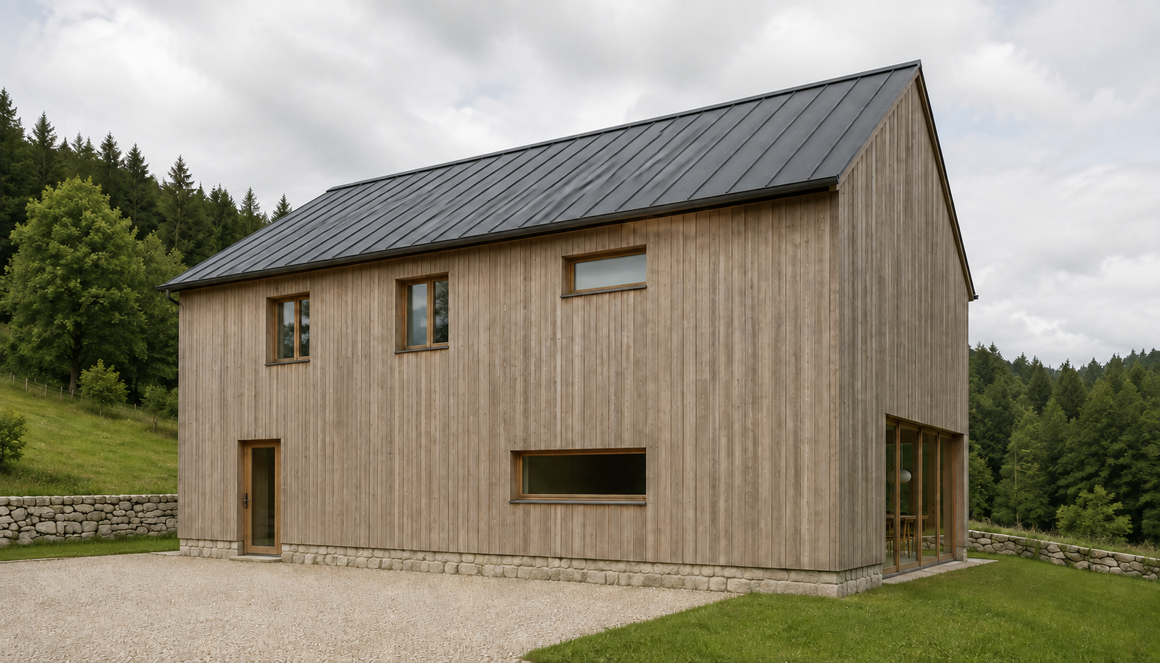 Two-level timber house beneath a dark gable roof, with a glazed entrance and dining-side glazing in a wooded landscape.