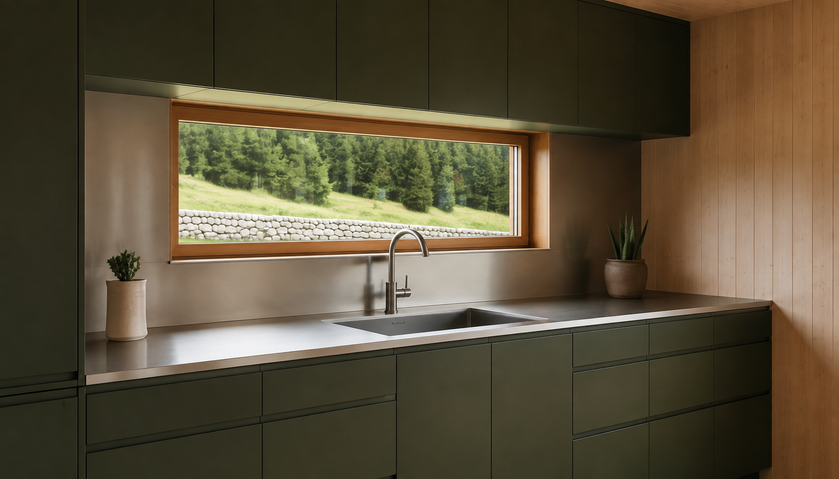Metal kitchen basin and arched mixer beneath a horizontal window with two small plants and green cupboards.