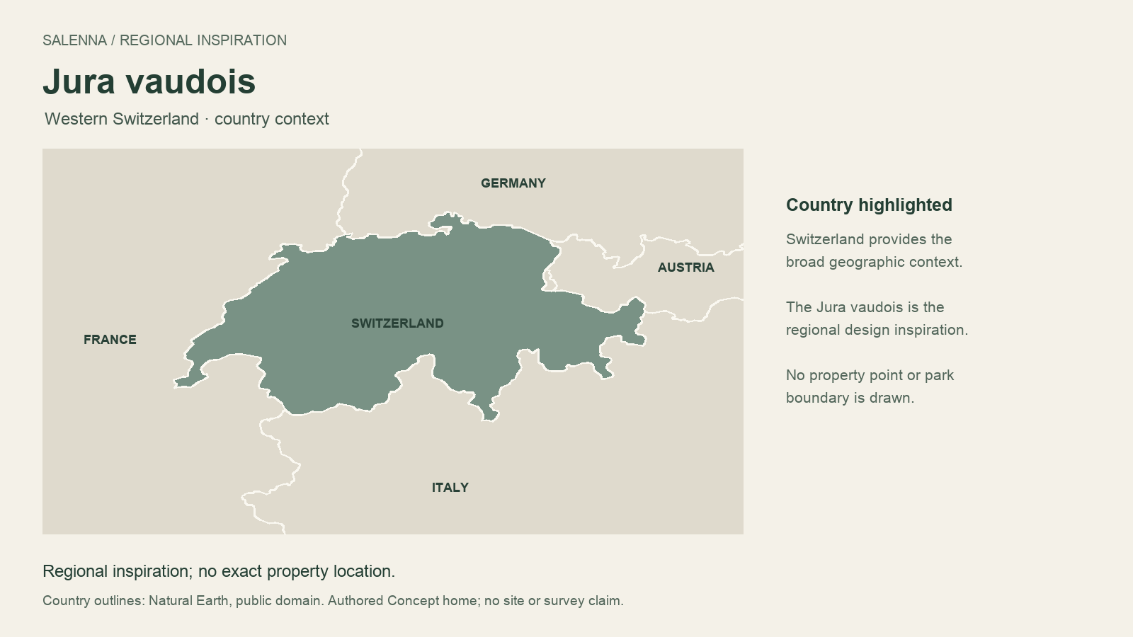 Switzerland highlighted within neighbouring countries, with a Jura vaudois regional label and no property point.