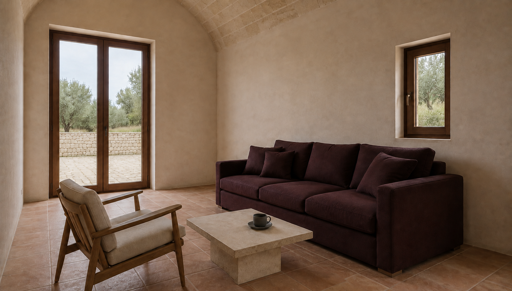 Aubergine sofa, cream-padded timber chair and square stone table beside the court door and a side window.