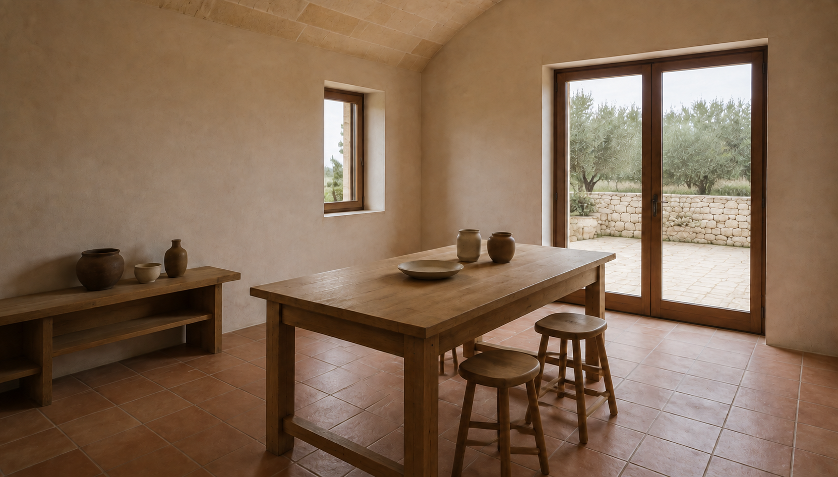 Timber making table with two stools, ceramic pieces, low shelf and two separate daylight openings.