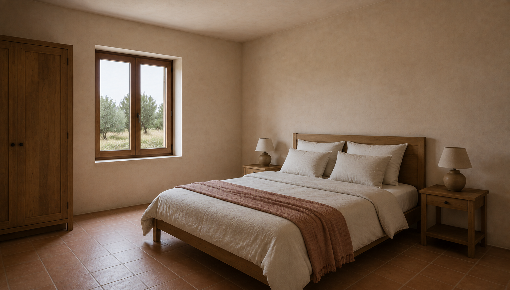 Main bedroom with cream linen, four pillows, clay-coloured throw, two lamps and a timber wardrobe.