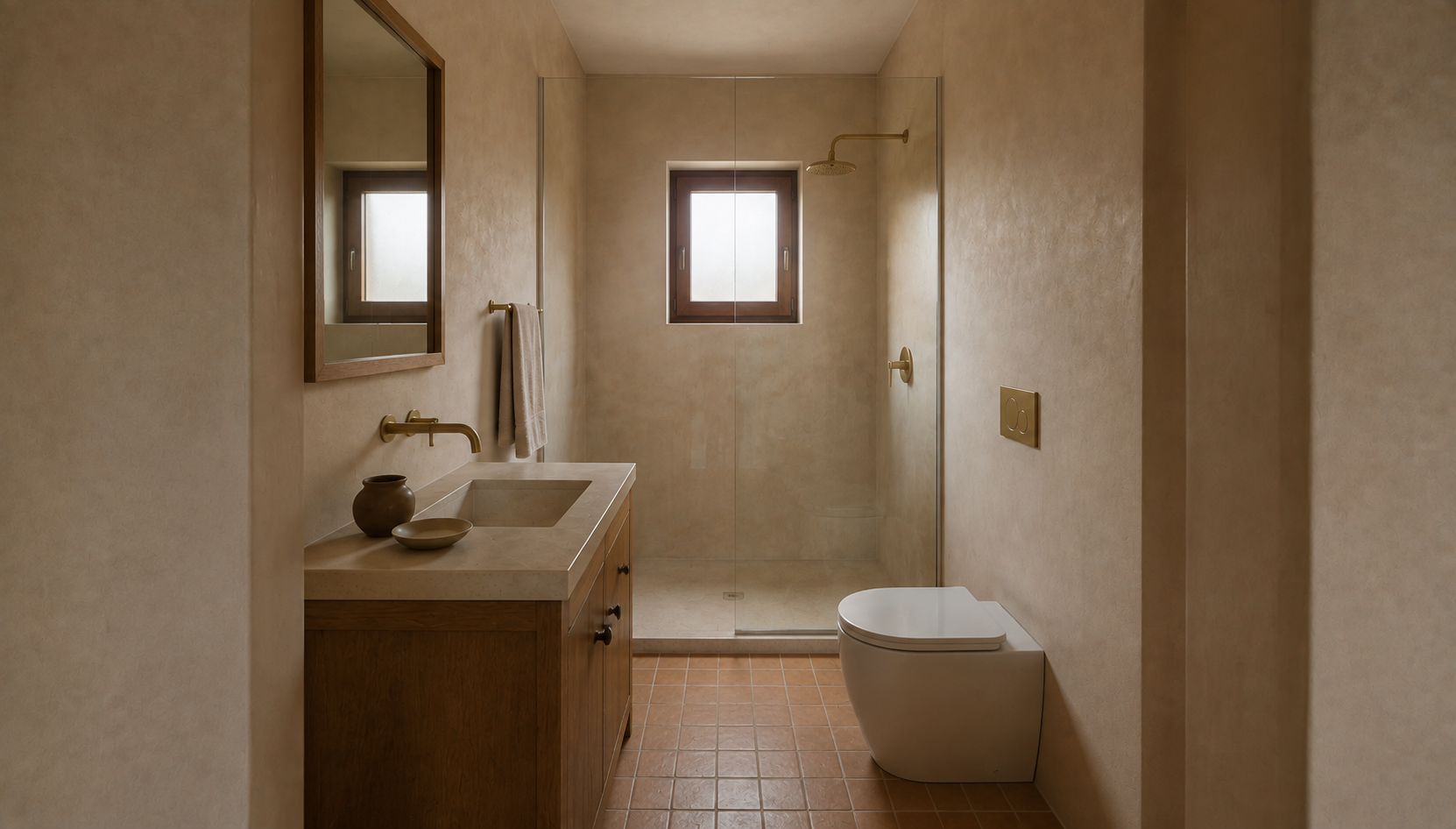 Bathroom with stone-topped timber vanity, brass fittings, WC, clear shower screen and frosted window.