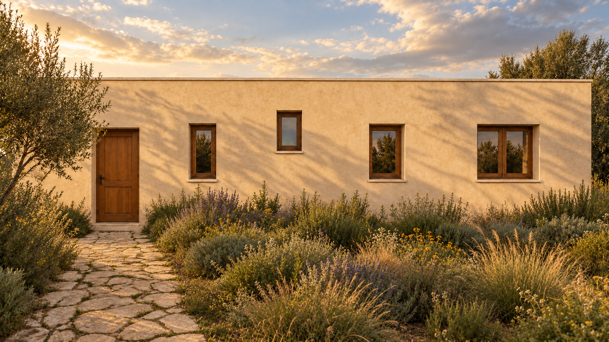 Rear arrival facade in late golden sun, with a timber entrance, four windows, olive shadows on the pale plaster and a stone path through lavender and grasses.