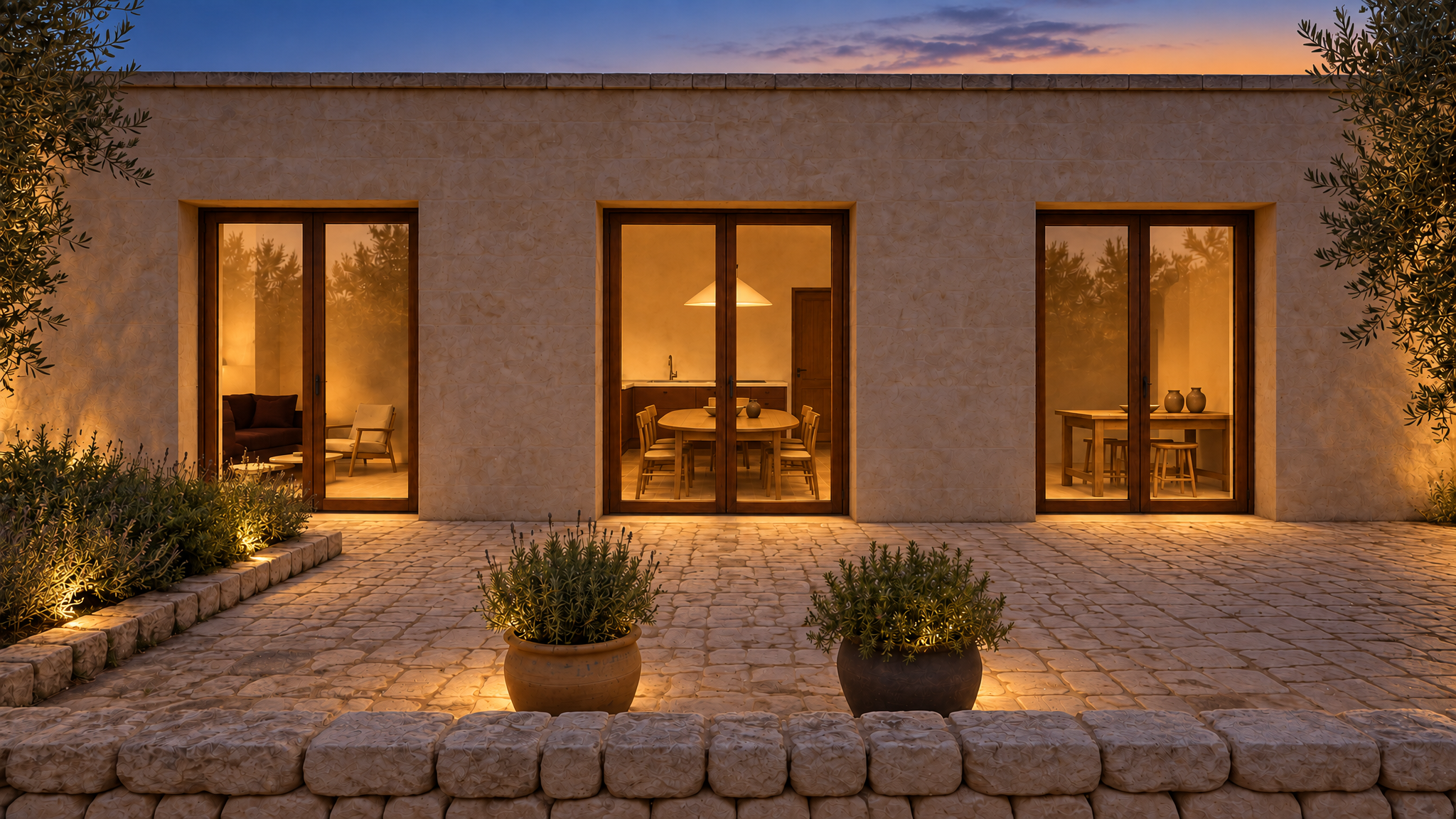 Court return view at dusk of three lit glazed doors to the living room, kitchen-dining room and studio, with two planted pots, a low stone wall and an uplit herb border.