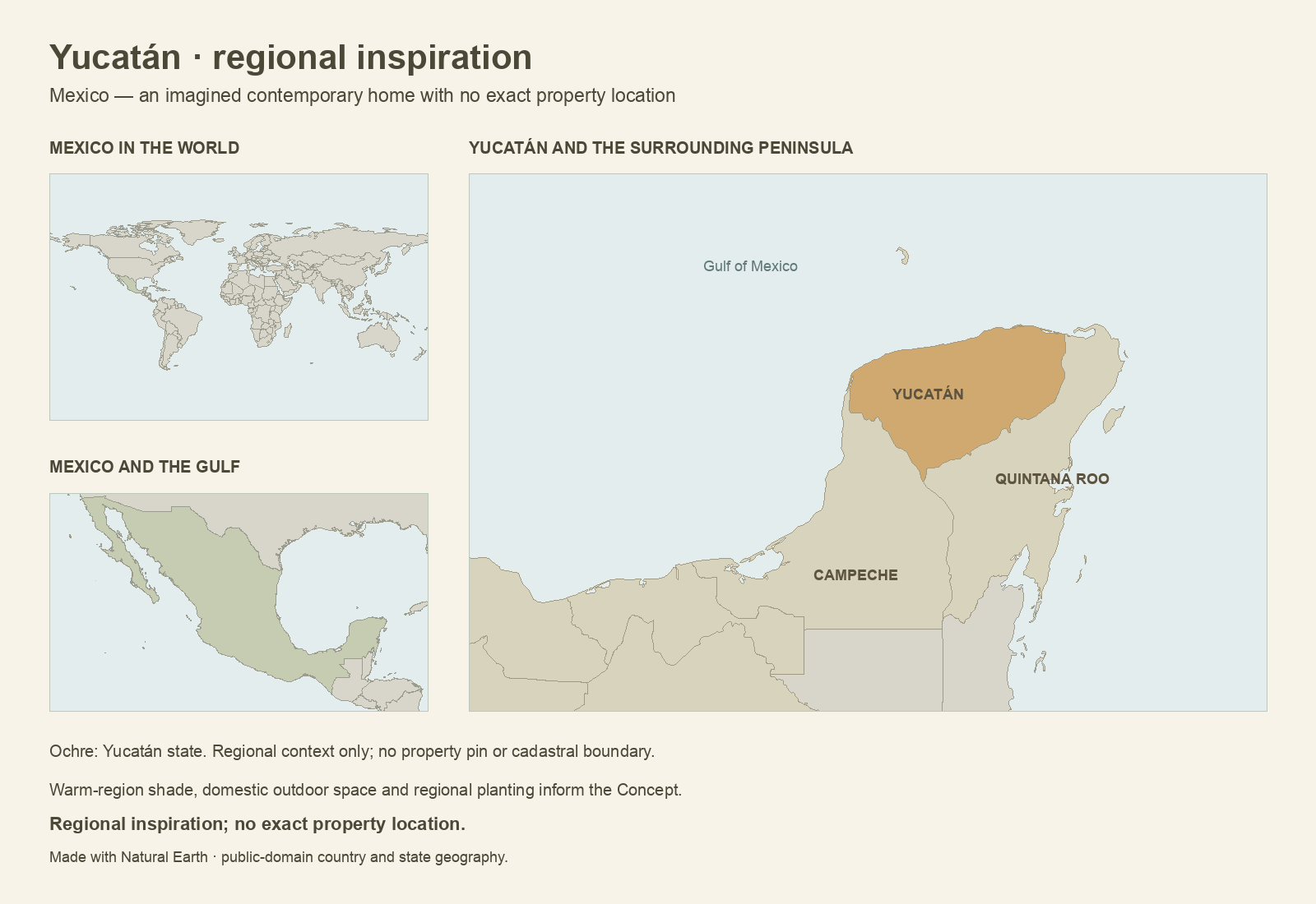 World and Gulf of Mexico maps with Mexico highlighted, and a peninsula inset showing Yucatán state in ochre beside Campeche and Quintana Roo; no property pin.