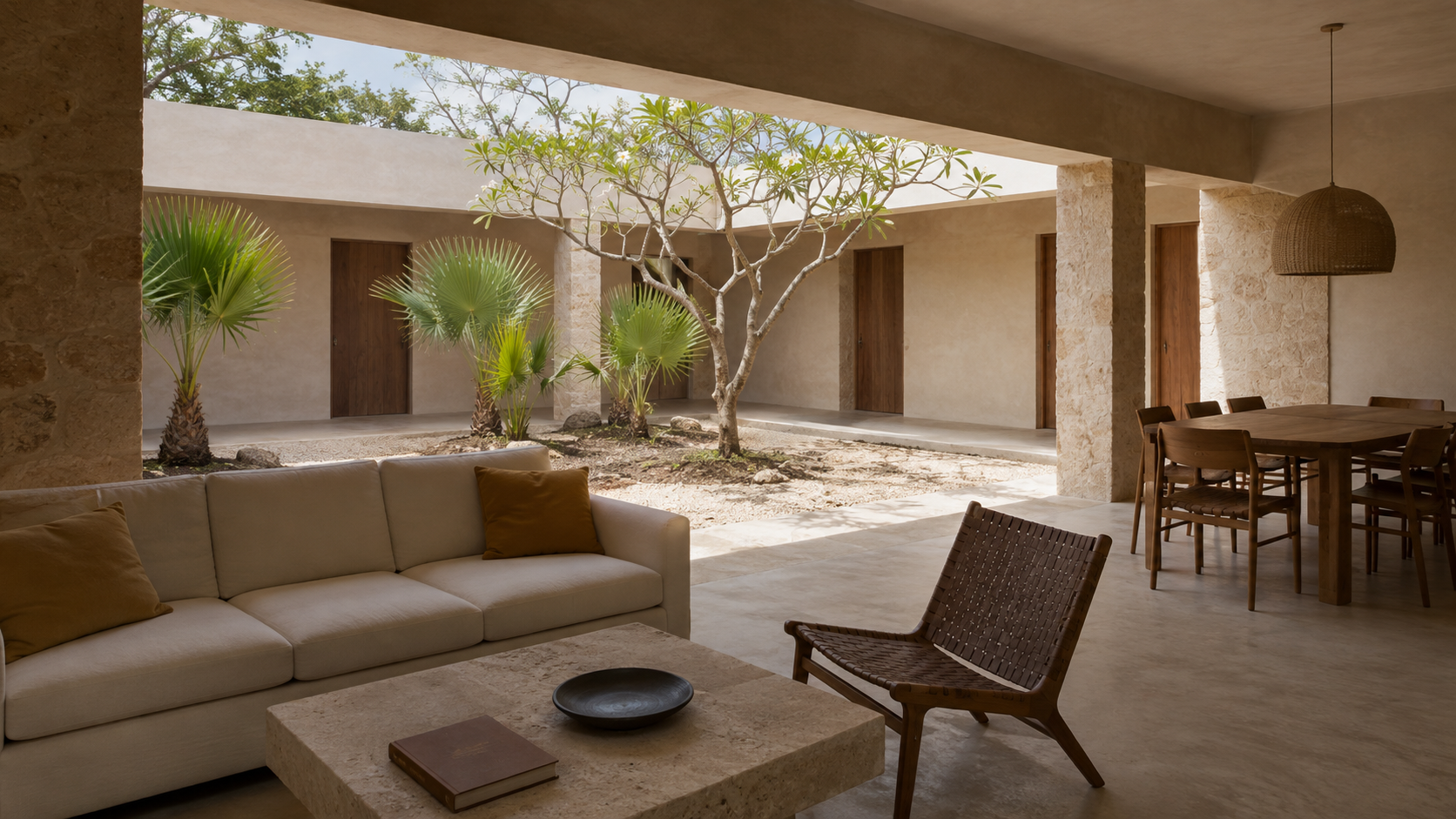 AI-generated Concept living room with an ivory three-seat sofa, two ochre cushions, square stone table with book and dark dish, woven chair and planted central court.