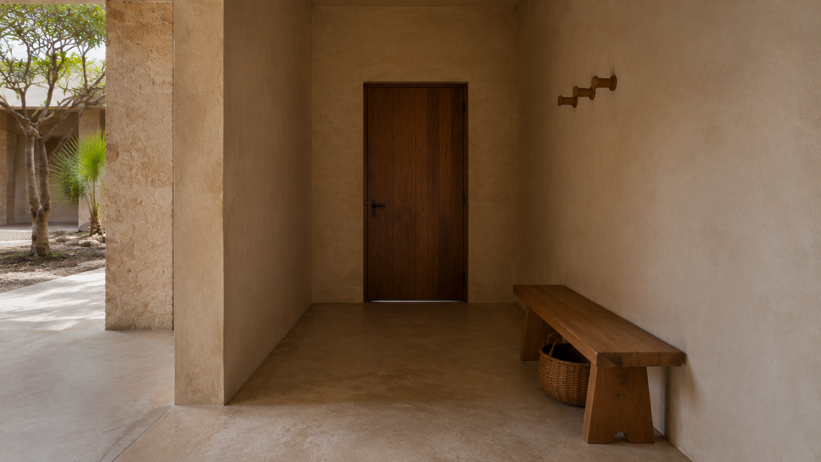 AI-generated Concept entry with a closed timber street door, one bench, a basket and three pegs beside a partial view of the court.