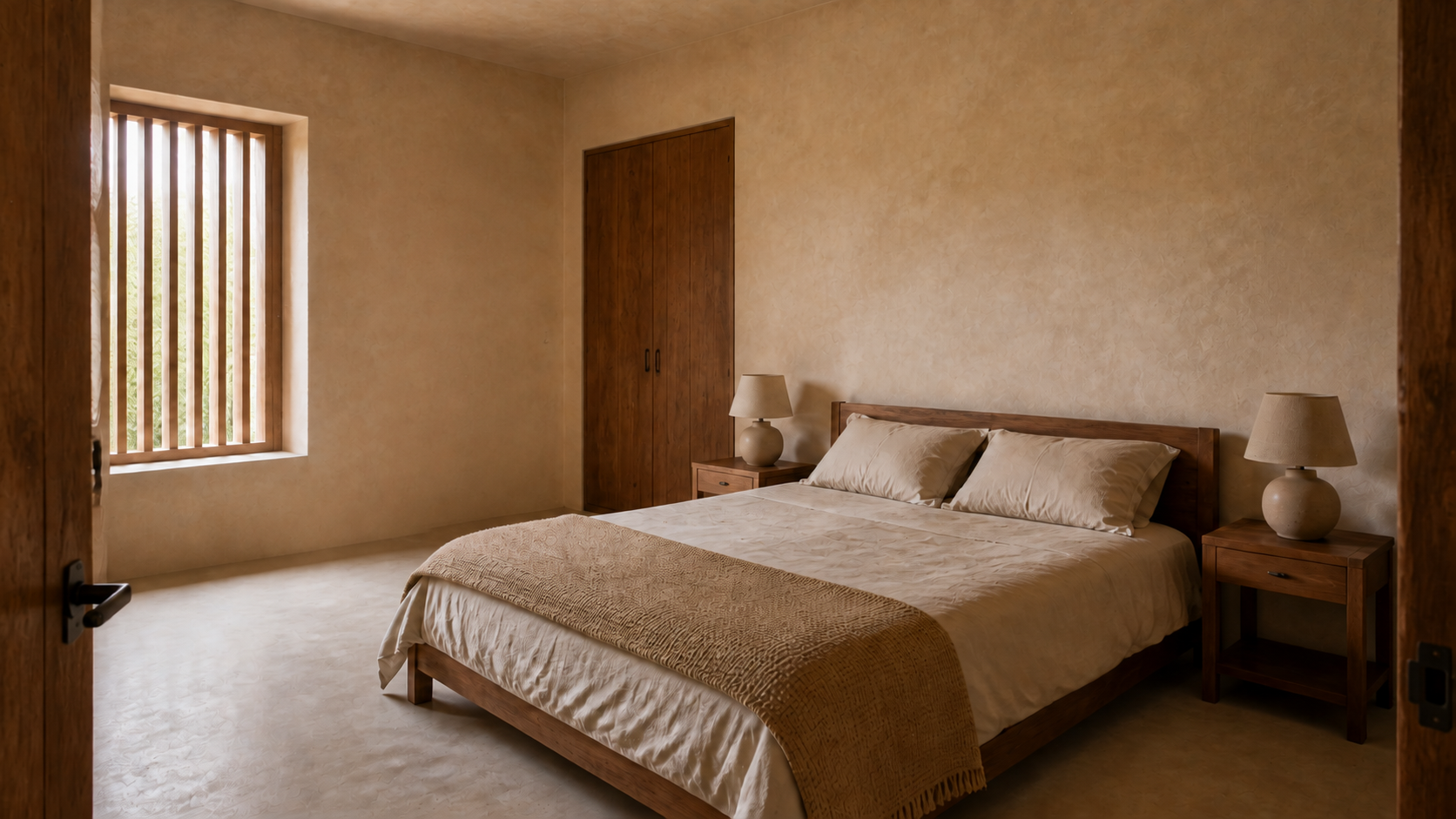 AI-generated Concept main bedroom with a timber double bed, two cream pillows, ochre cover, two tables and lamps, closed wardrobe and slatted outer window.