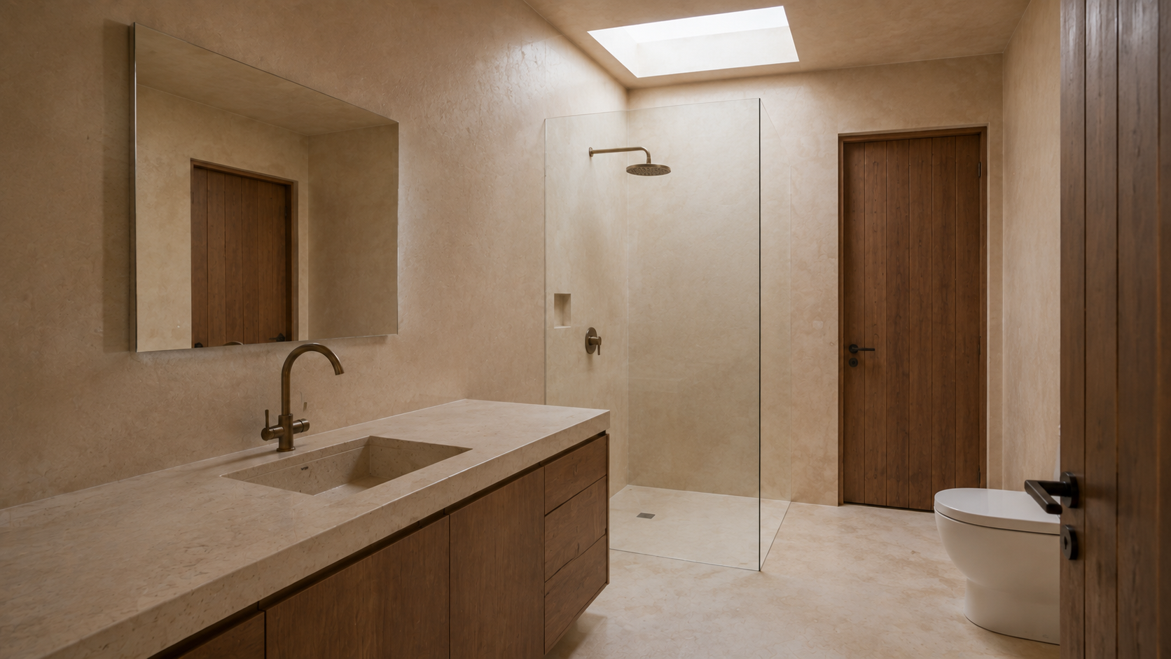 AI-generated Concept ensuite with mineral vanity and hollow basin, bronze mixer, mirror, glass shower, closed-seat WC, rooflight and timber doors.
