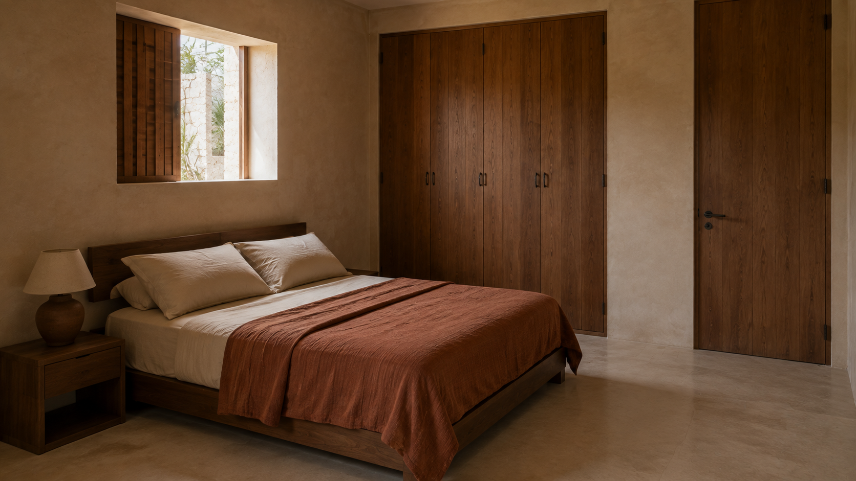 AI-generated Concept guest bedroom with a timber bed, two cream pillows, clay-red cover, one bedside table and lamp, closed wardrobe and shaded side window.
