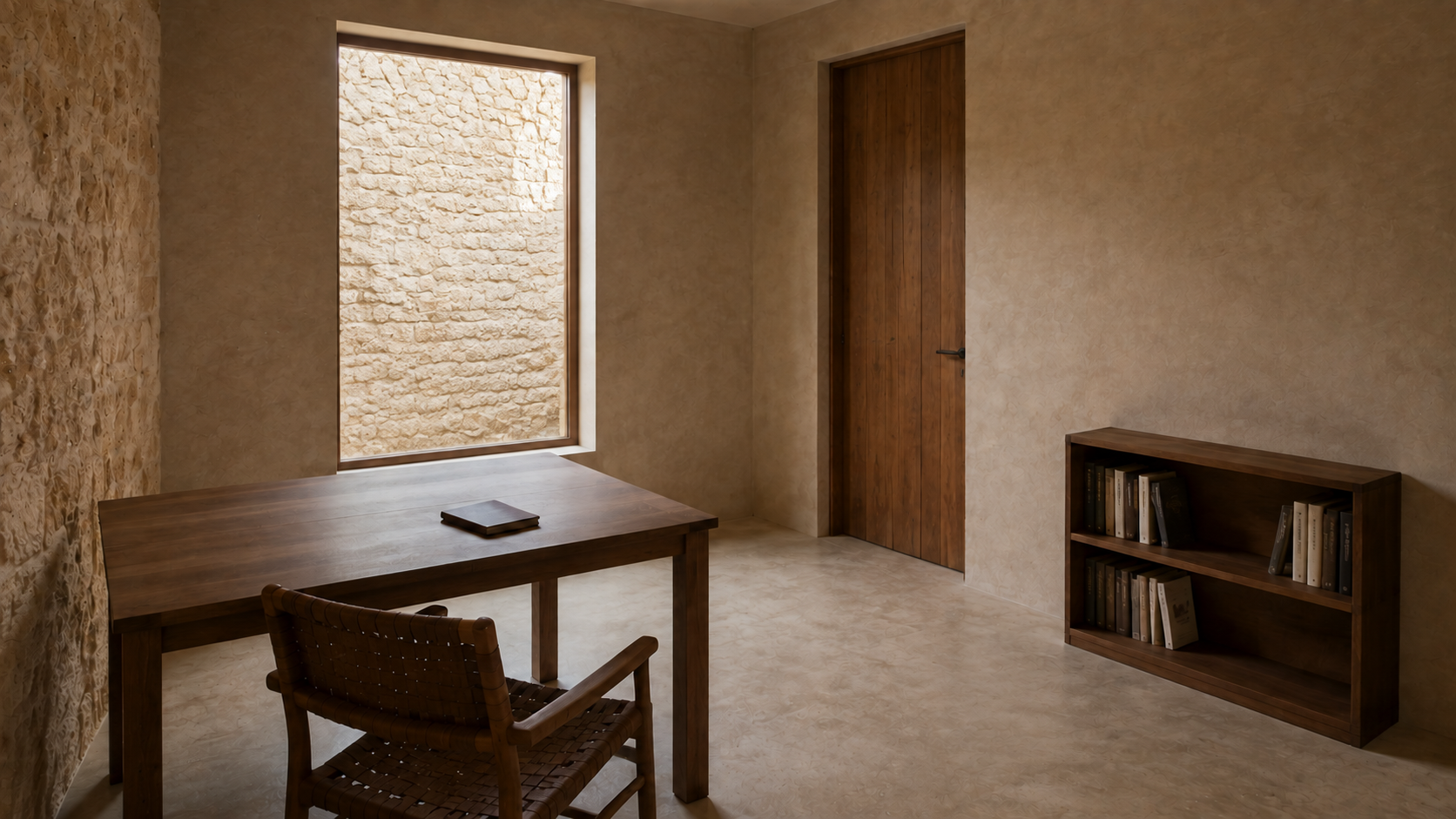AI-generated Concept study with one timber desk and woven chair, a closed notebook, low bookcase, closed door and tall window facing a pale stone privacy wall.