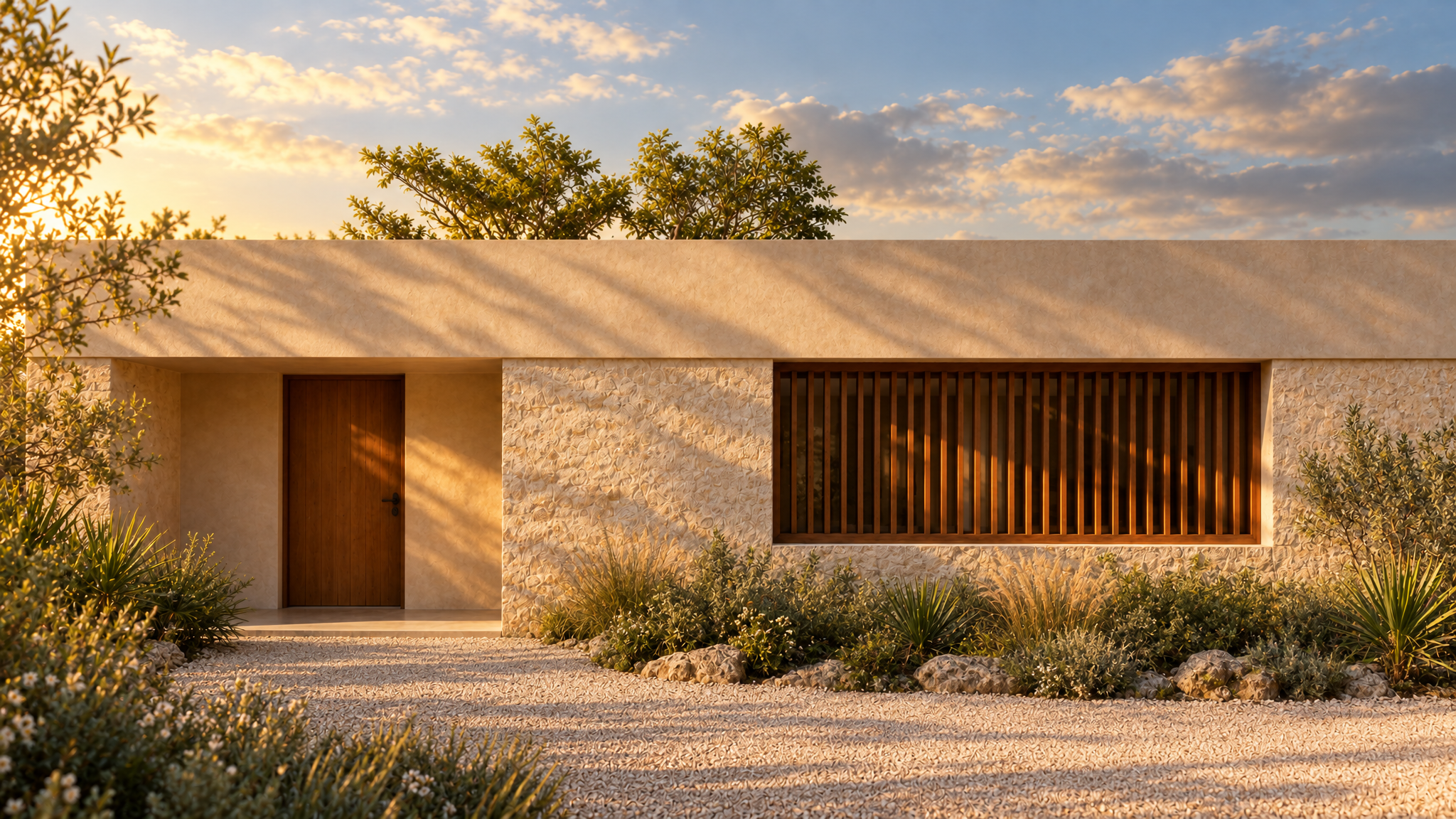 AI-generated Concept arrival facade in low golden sun, with one recessed timber door, a broad slatted window and honey-coloured stone beneath a plaster roof edge, fronted by agaves, grasses and pale gravel; right facade edge cropped.