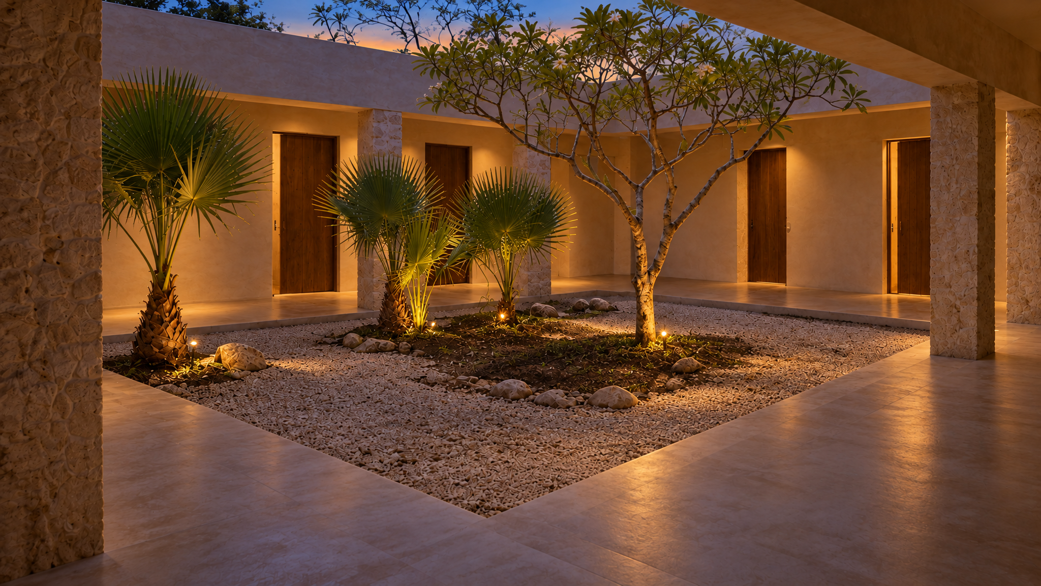 AI-generated Concept garden walk at dusk with one uplit branching tree and three fan-palm groups in pale gravel and loose stones, stone piers, warm plaster walls and closed timber doors.