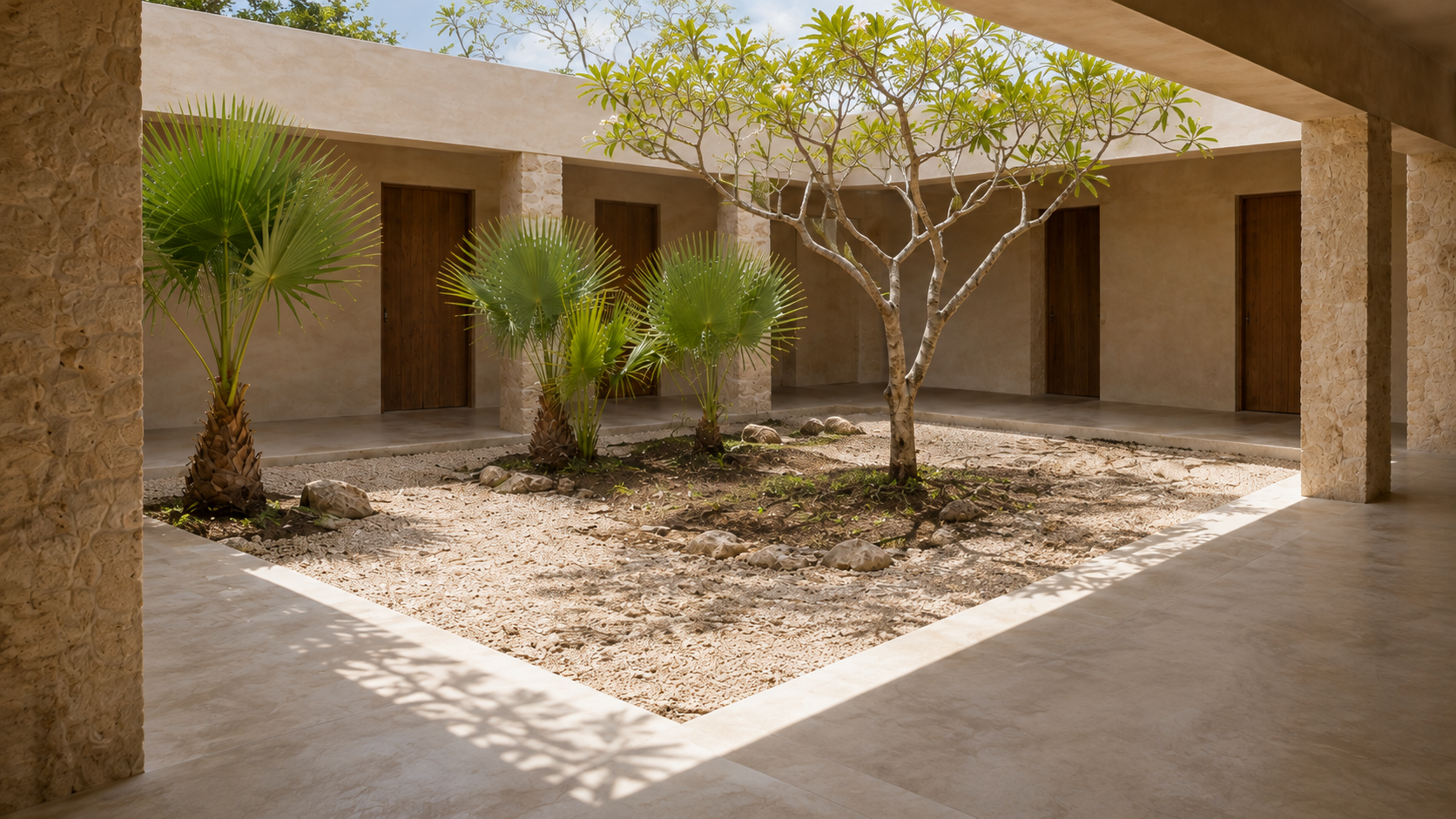 AI-generated Concept garden walk with one branching tree, three main fan-palm groups and basal growth, earth and loose stones, stone piers and closed doors beyond.